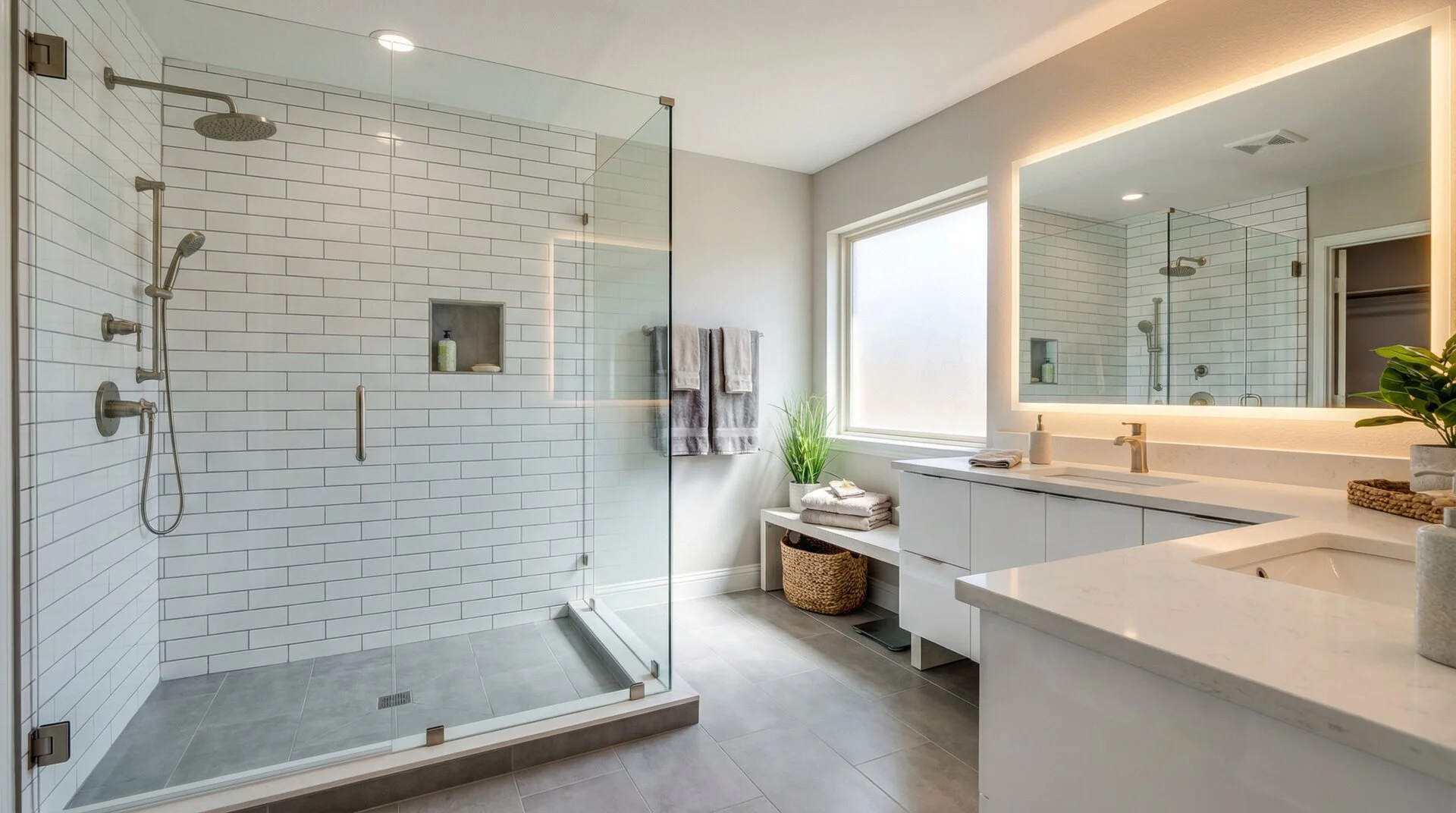 Modern bathroom remodeling with walk-in shower and white vanity in Austin home